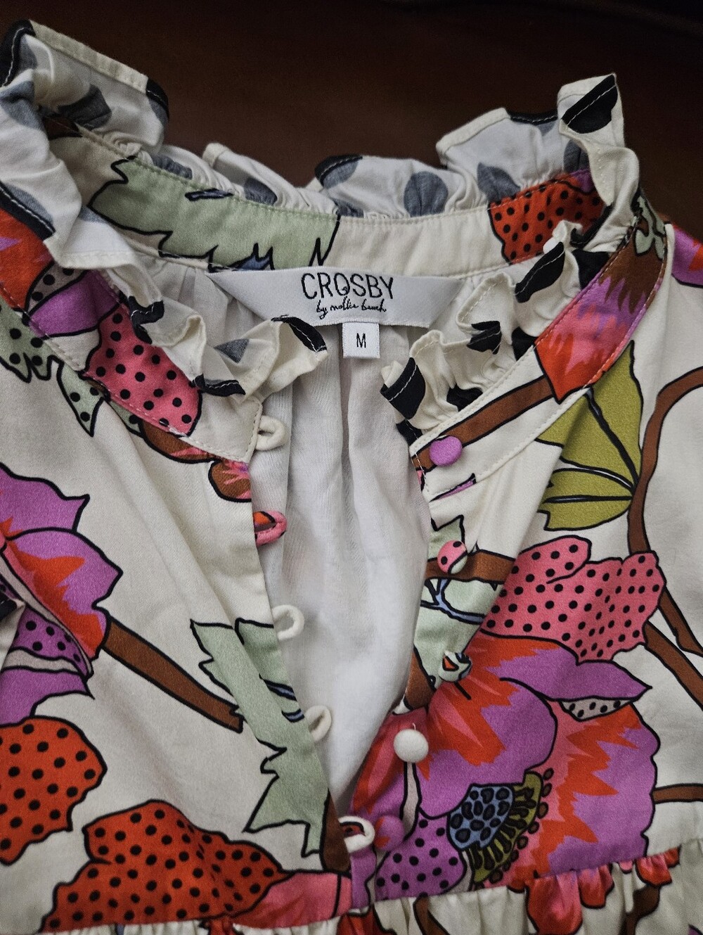 Crosby By Mollie Burch Floral Ruffle Dress in White, Pink & Green Medium - Picture 3 of 6